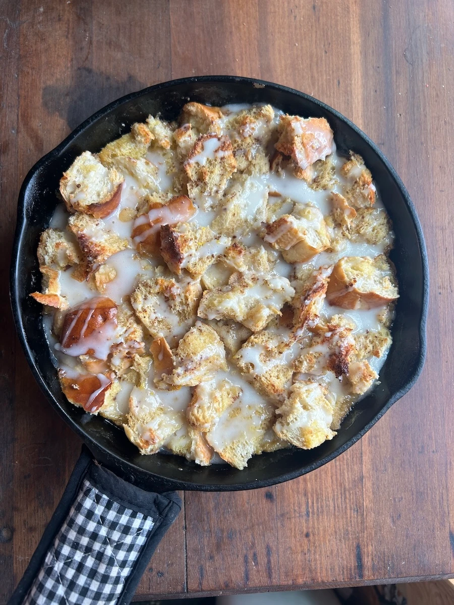Cast Iron Peach Cobbler Bread Pudding